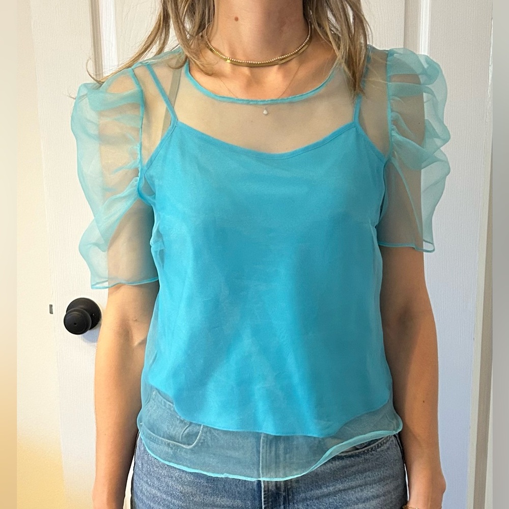 Amanda Uprichard Smith sheer turquoise top w/ camisole